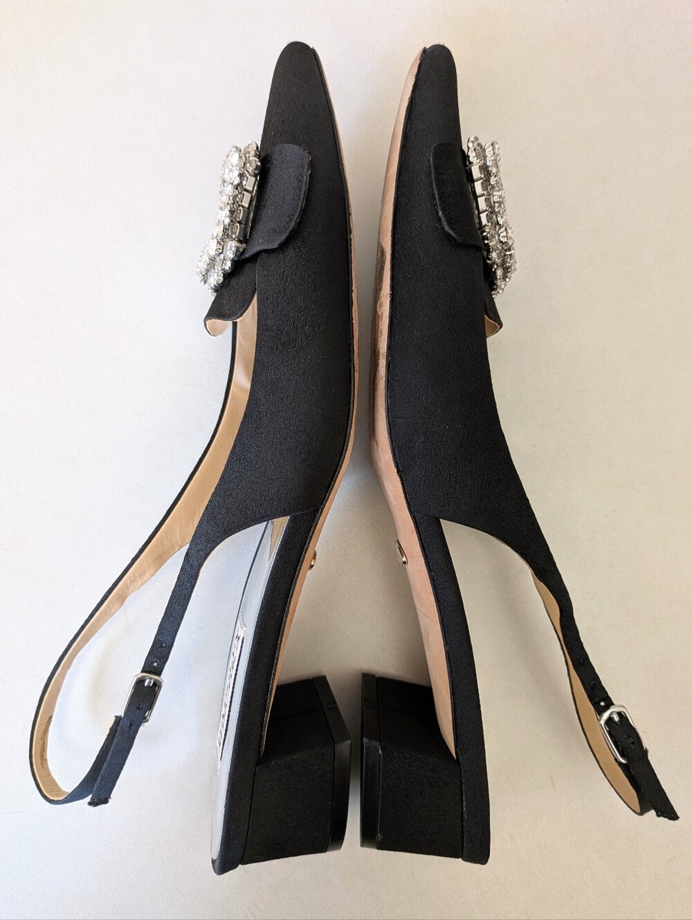 Badgley Mischka Crystal Slingback Low Heels Black Satin Block Heel Point Toe 8.5 - Picture 6 of 17